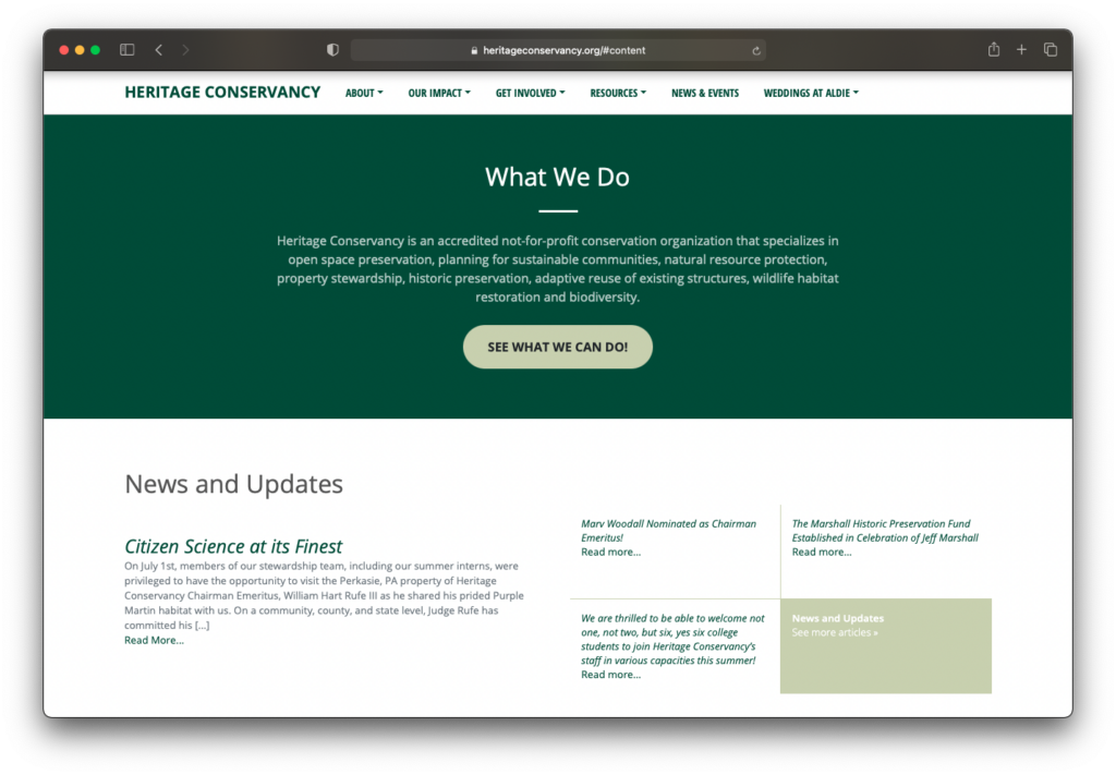 Heritage Conservancy web site – About Page – WordPress, Custom Theme
