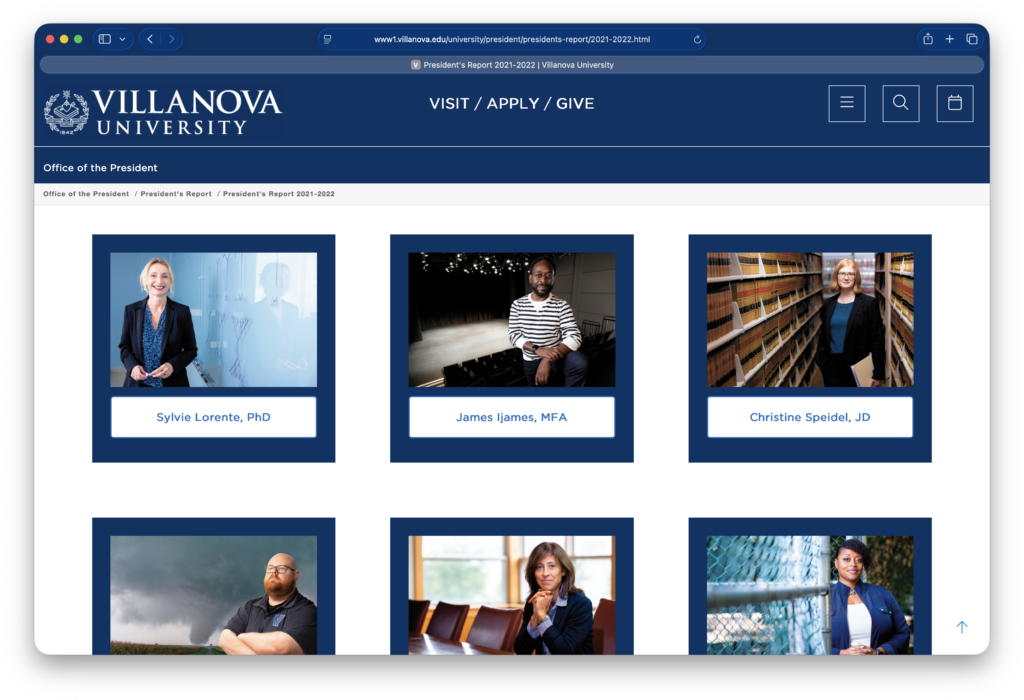 Villanova President‘s letter micro-site – Contents page – AEM
