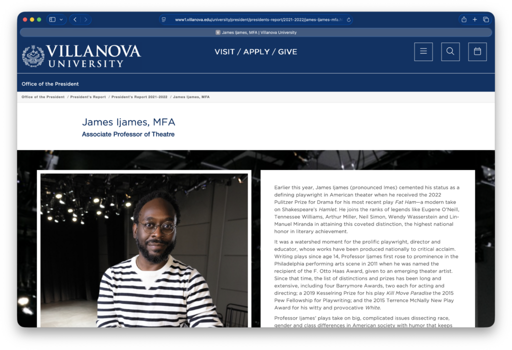 Villanova President‘s letter micro-site – Sub-page example – AEM